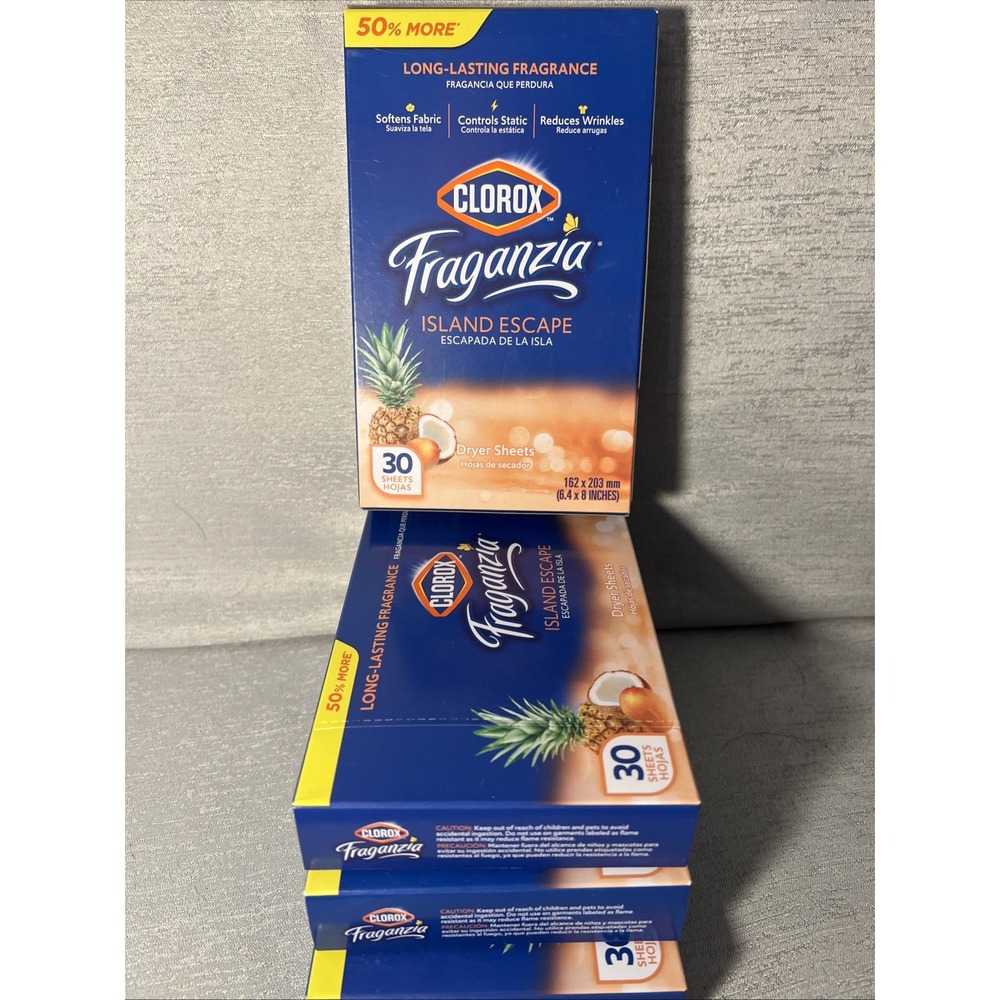 4x Boxes Clorox Fraganzia Island Escape Dryer Sheets 30 Per Box | 120 Sheets